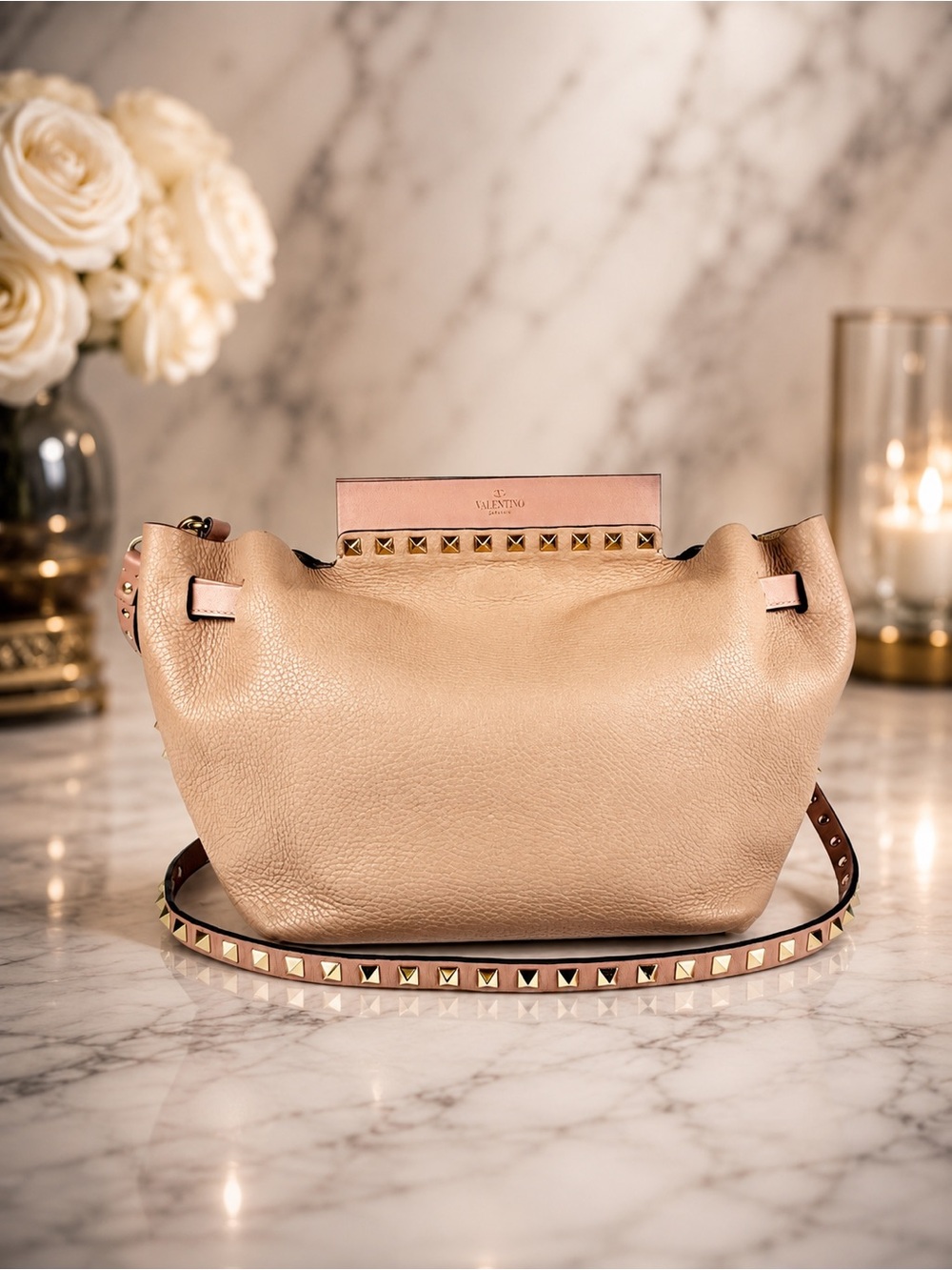 Valentino Garavani Rockstud Beige & Pink Leather Crossbody Bag | Studded